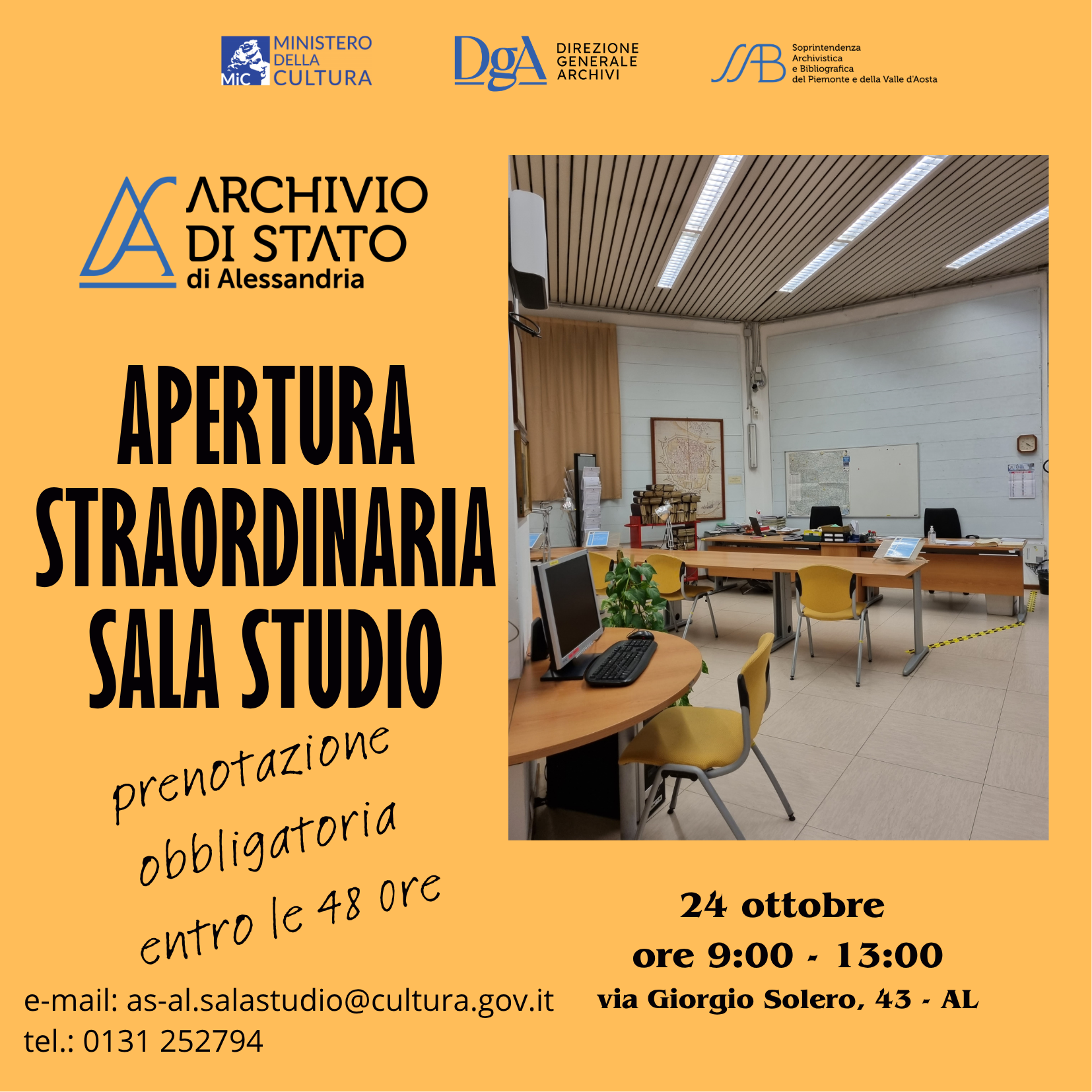 Apertura Straordinaria della Sala Studio – 24 ottobre 2026